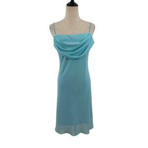 Vtg 90s Jump Apparel Turquoise Blue Dress Cowl Neck Slip 9/10 USA Made Y2K Clean
